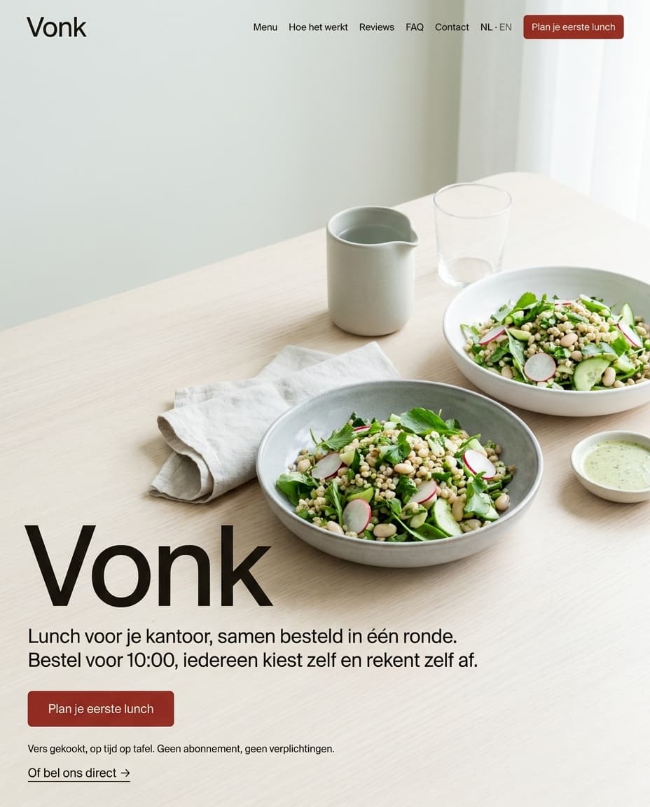 De bestelsite van Vonk, met een eigen logo, een eigen kaart en eigen kleuren.